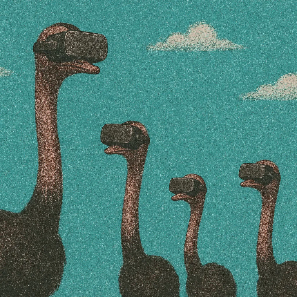 Four ostriches wearing virtual reality headsets stand against a bright teal sky with small clouds, looking upward in different directions.